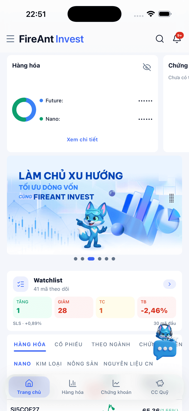 Trang chủ ứng dụng: danh mục hàng hoá và watchlist